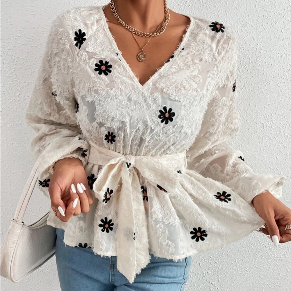 Cream black fuzzy floral design belted peplum blouse - Picture 3 of 5